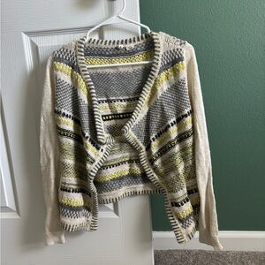 Anthropologie | Moth Cream Gray Yellow Black Metallic Thread Cardigan 
Medium